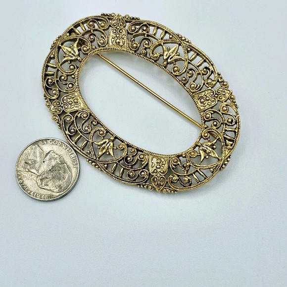 Victorian Brooch Sash Scarf Pin Filigree Vintage Scroll Oval Frame Large - Picture 6 of 7